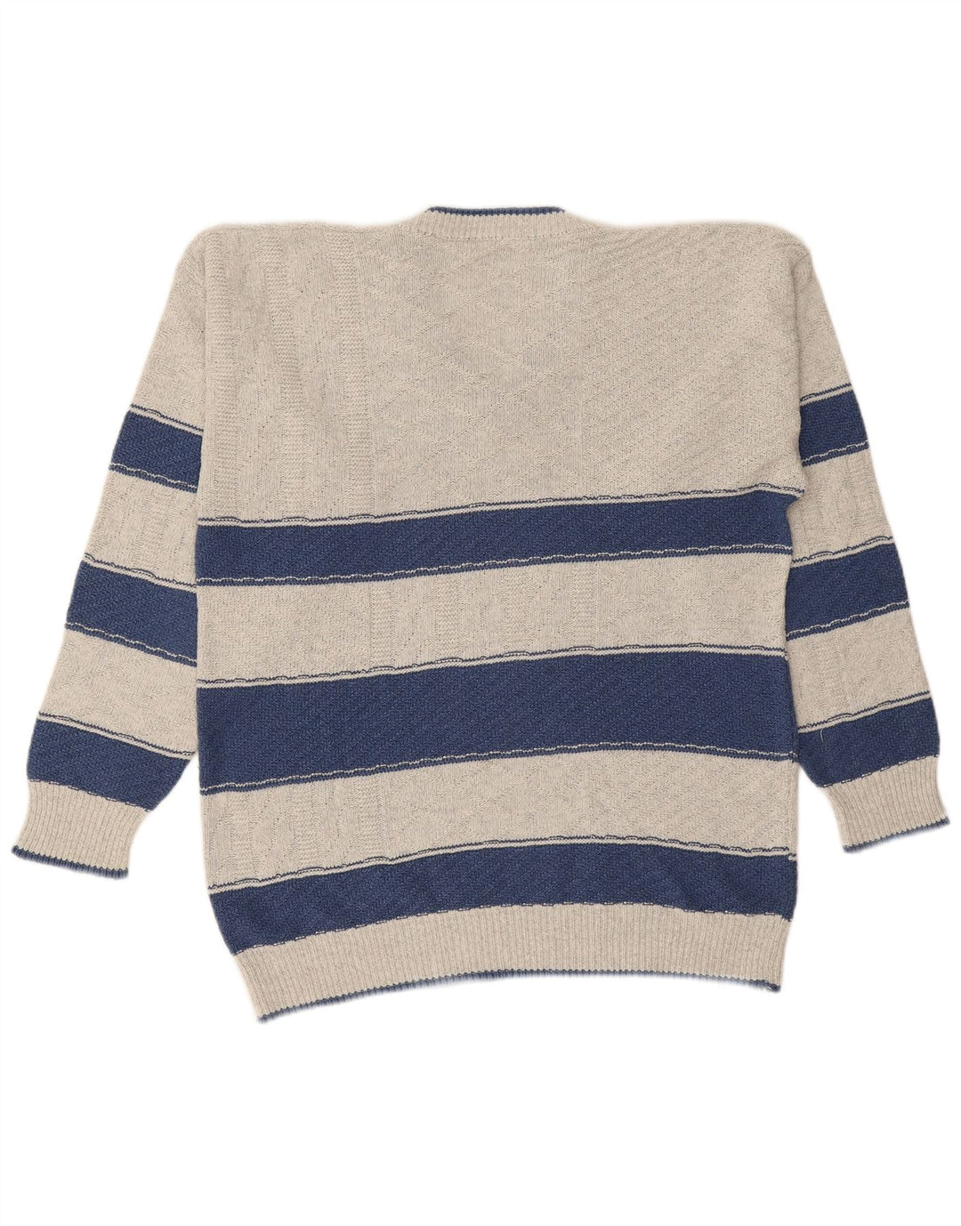 VINTAGE Mens V-Neck Jumper Sweater Large Grey Striped