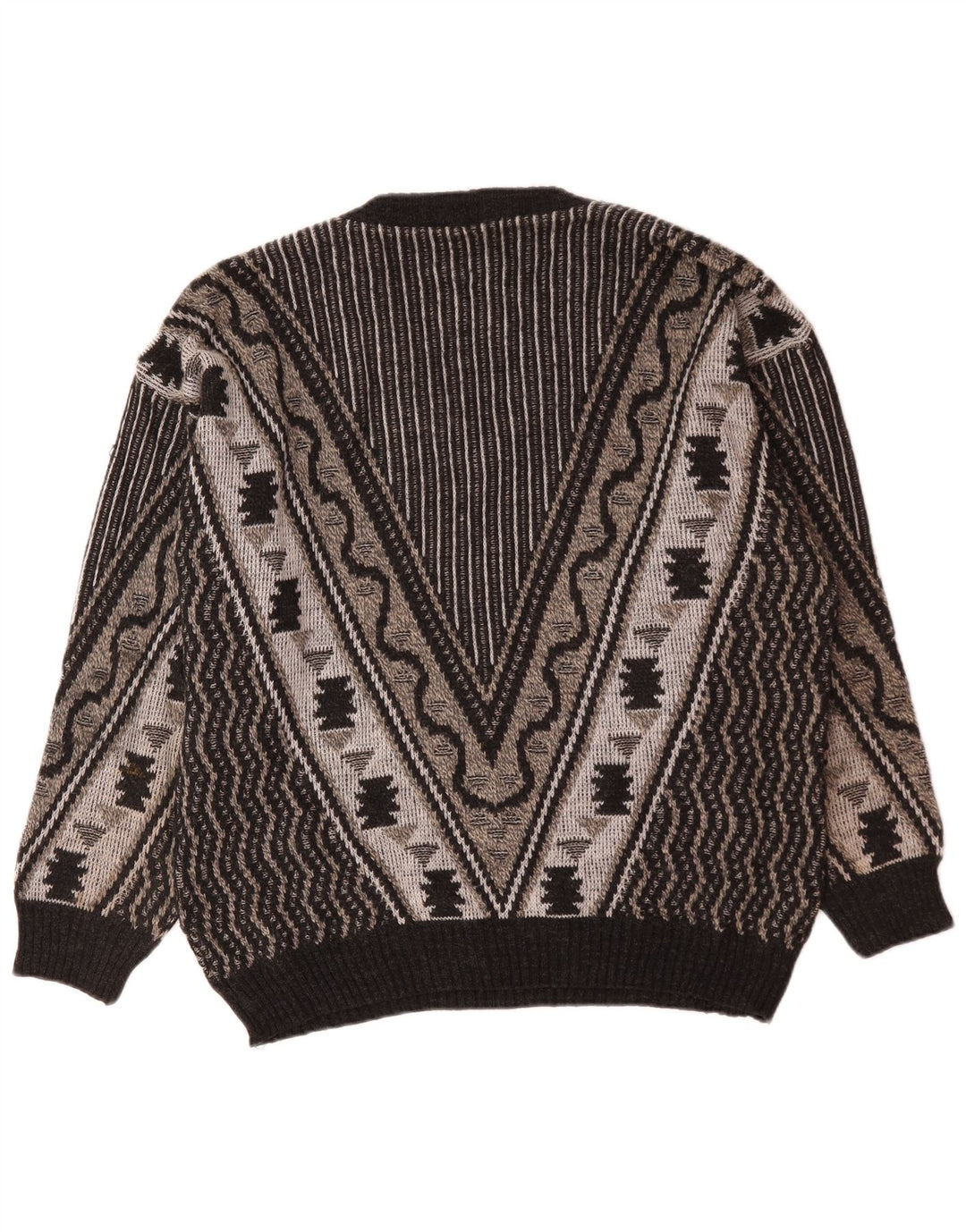 Vintage Mens V-Neck Jumper Sweater Large Grey Geometric