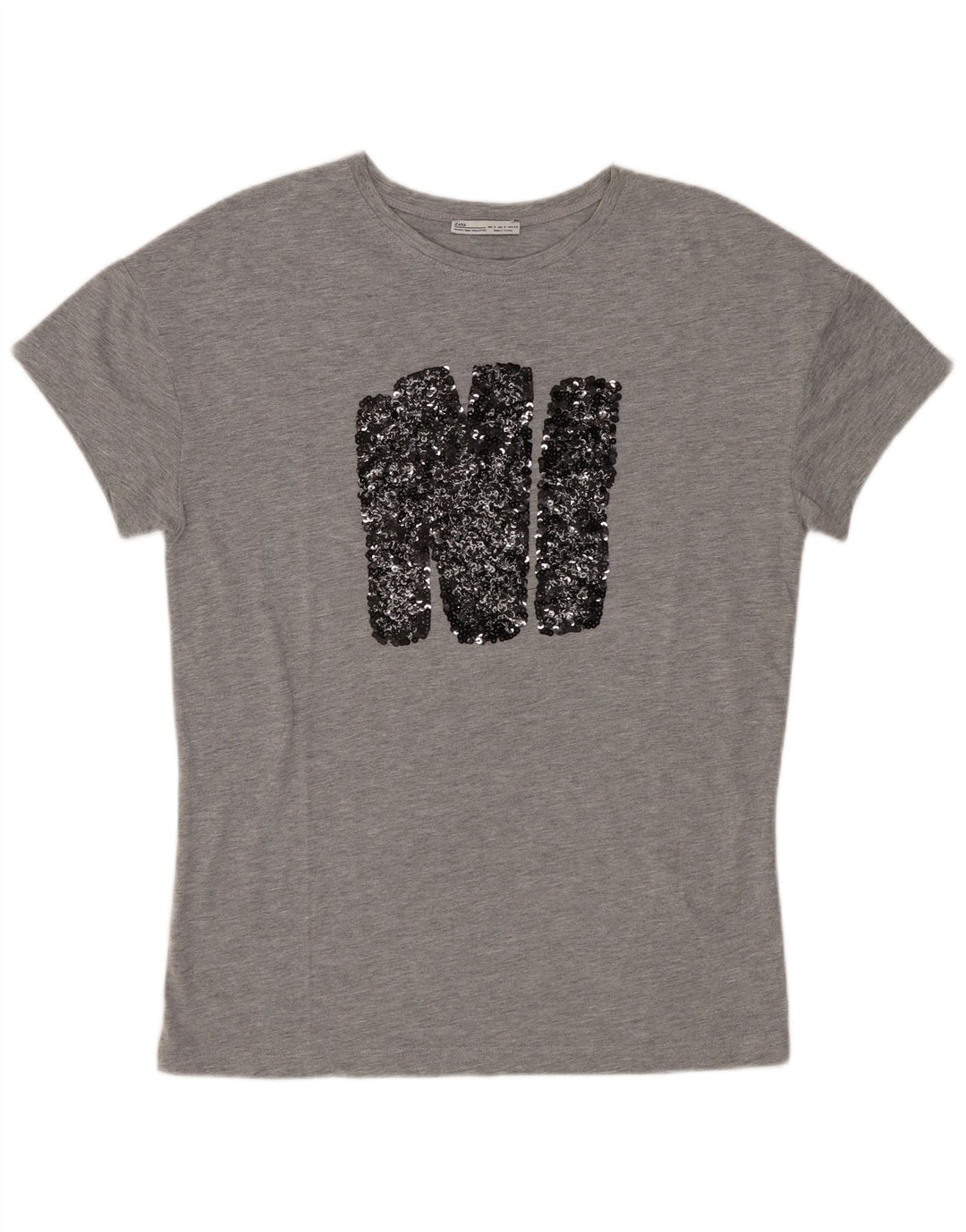 Zara Womens Graphic T-Shirt Top UK 10 Small Grey Flecked Polyester