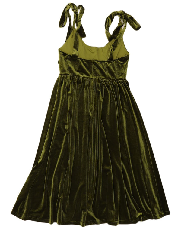 Vintage Damen Ärmelloses Samt A-Linien Kleid UK 10 Small Khaki