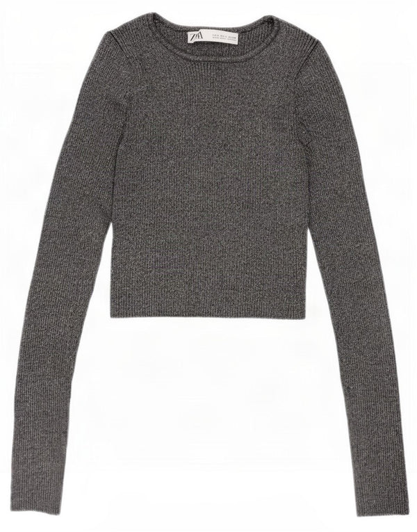 Zara Womens Crop Bluse Top UK 8 Small Silver Flecked Viscose