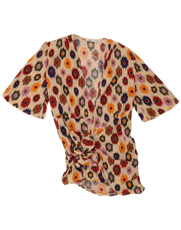 Zara Womens Front Tie Tunika Top UK 14 Medium Beige Ikat Bomuld