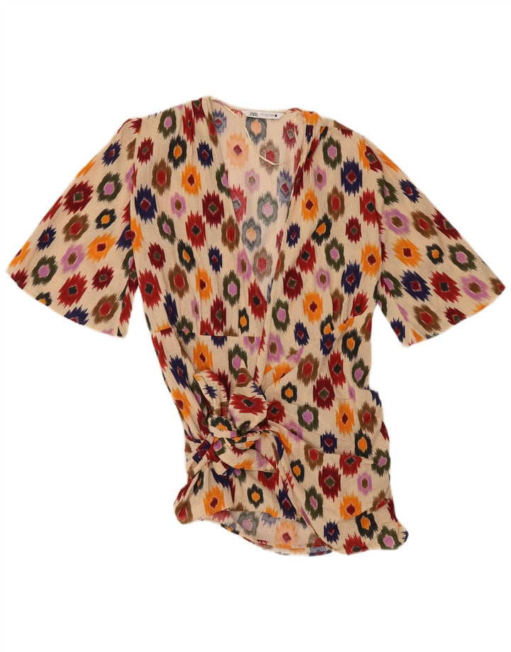 Zara Damen-Tunika-Top mit Bindeband vorne, UK 14, Mittelbeige, Ikat-Baumwolle