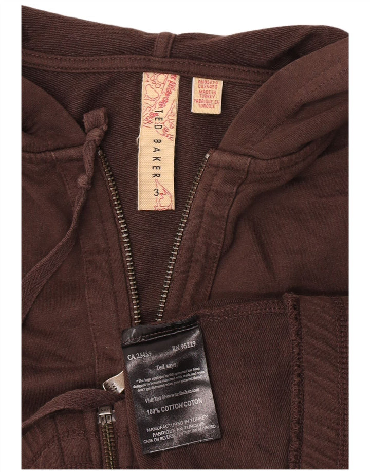 Ted Baker Womens Graphic Zip Hoodie Sweater Size 3 Medium Brown Cotton