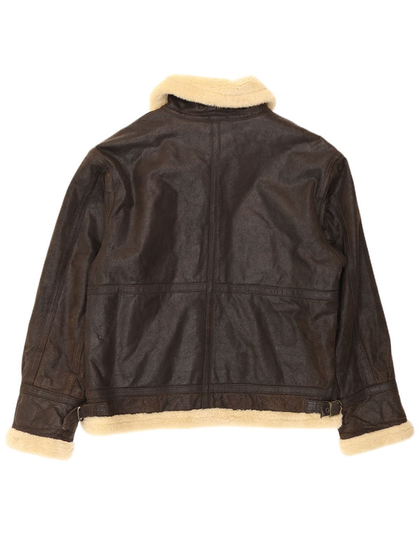 Vintage Mens Sherpa Leather Jacket UK 38 Medium Brown Colourblock