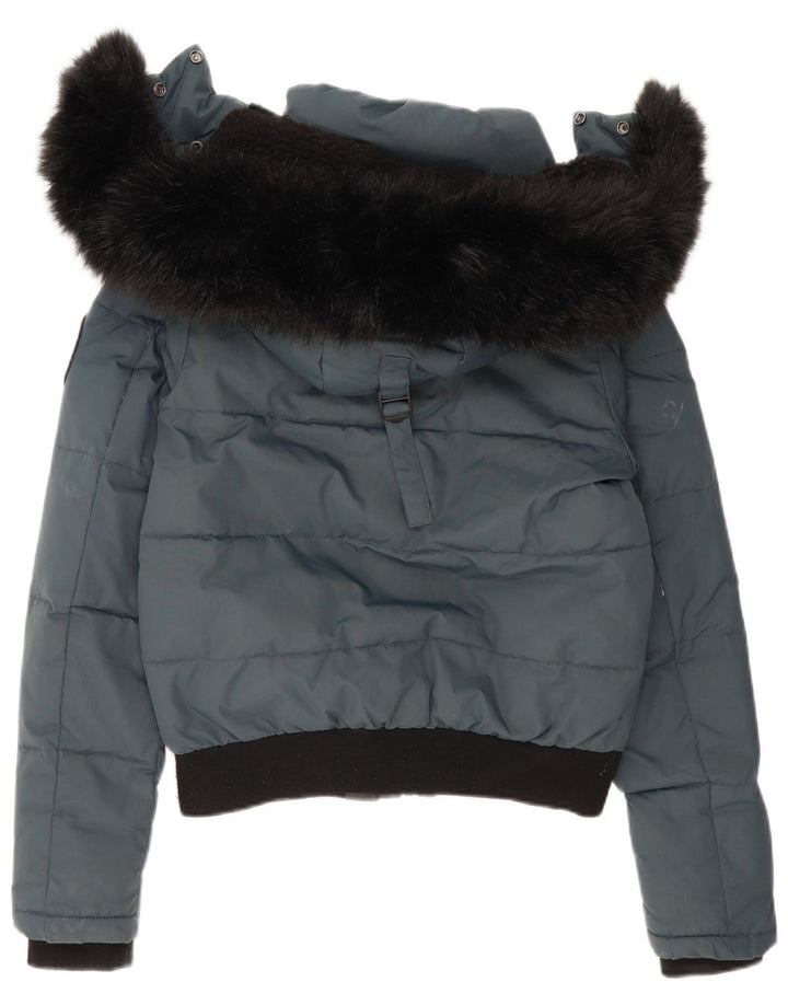Superdry Womens Hooded Bomber Padded Jacket UK 14 Medium Blue Colourblock