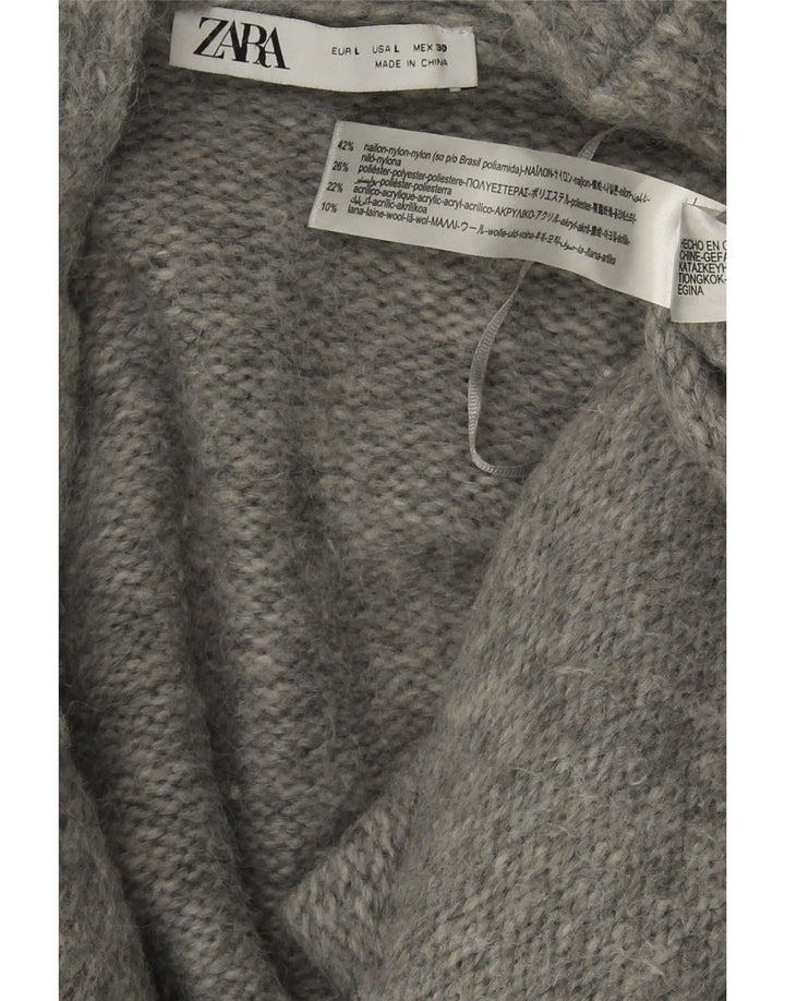 Zara Womens Oversized Front Tie Cardigan Sweater UK 16 Large Grey Nylon