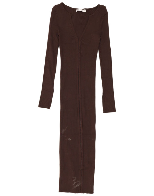 Zara Damen Langarm-Bodycon-Kleid UK 8 Small Braune Viskose