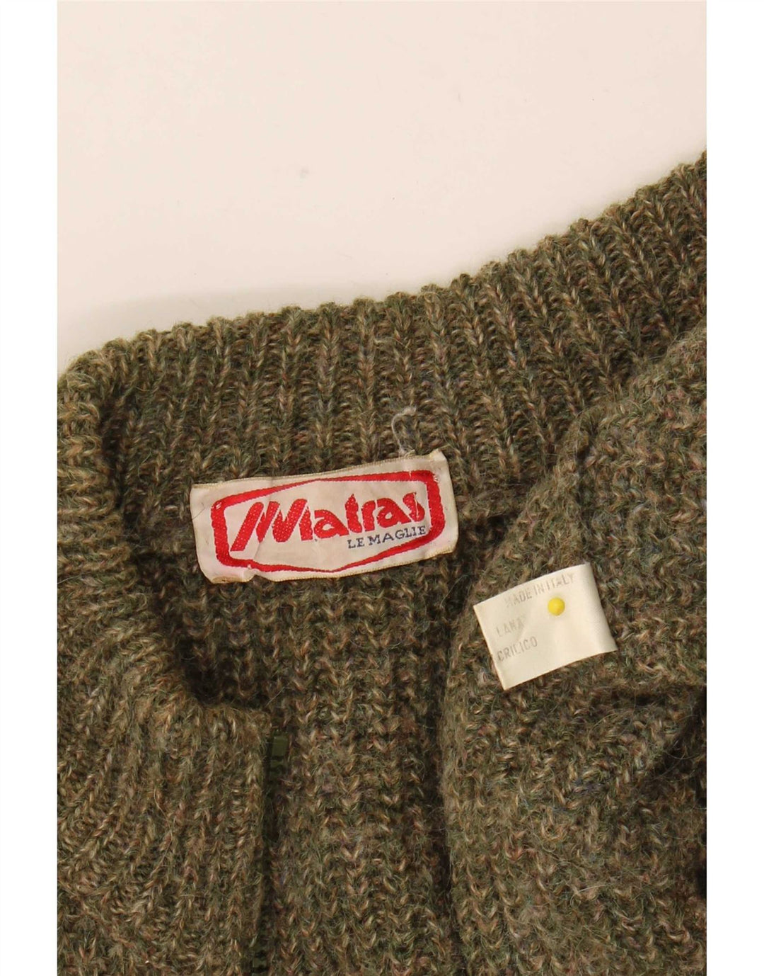 Maglione cardigan con zip intera da uomo vintage in lana screziata color kaki medio