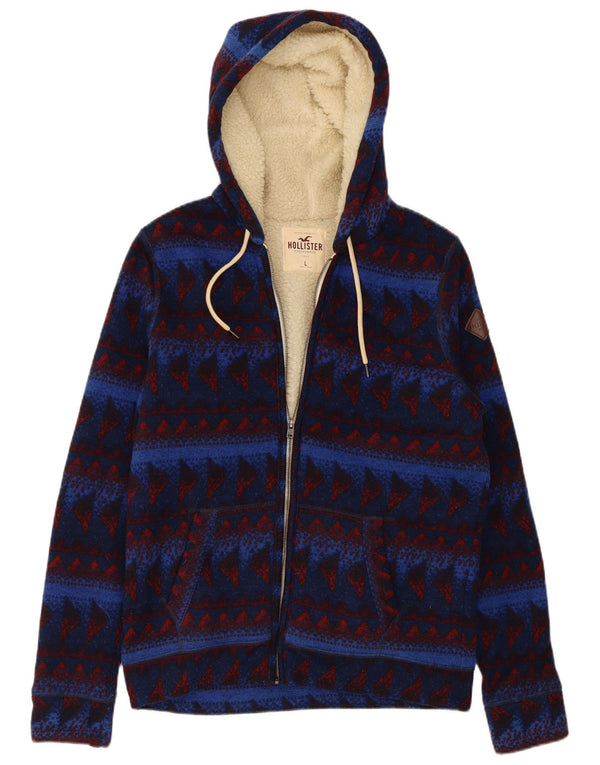 Hollister Mens Hooded Sherpa Zip Hoodie Sweater Large Blue Geometric