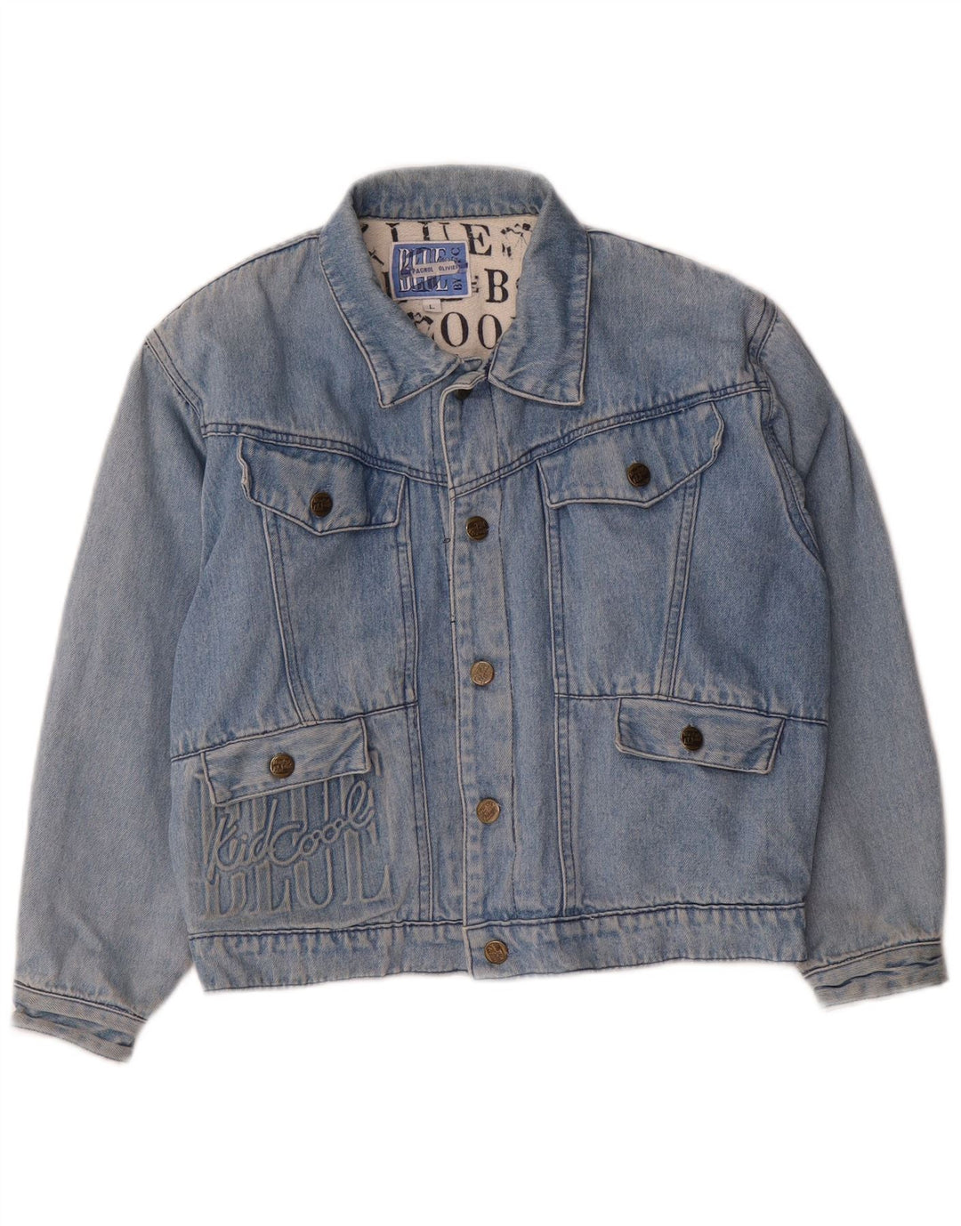 Vintage drenge grafisk denimjakke 11-12 år stor blå bomuld