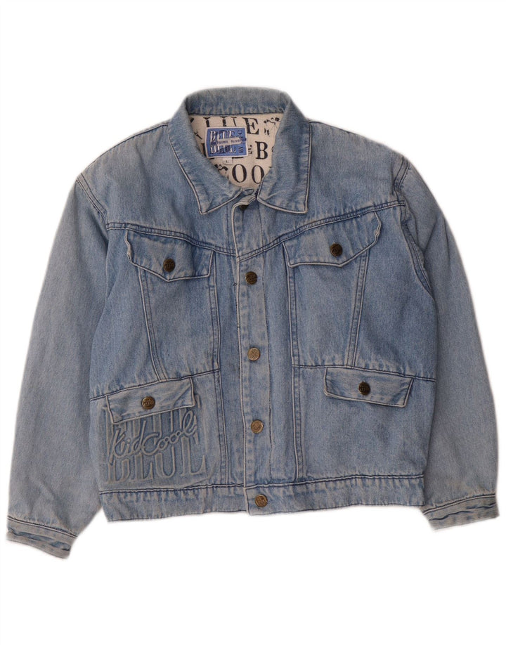 Vintage drenge grafisk denimjakke 11-12 år stor blå bomuld