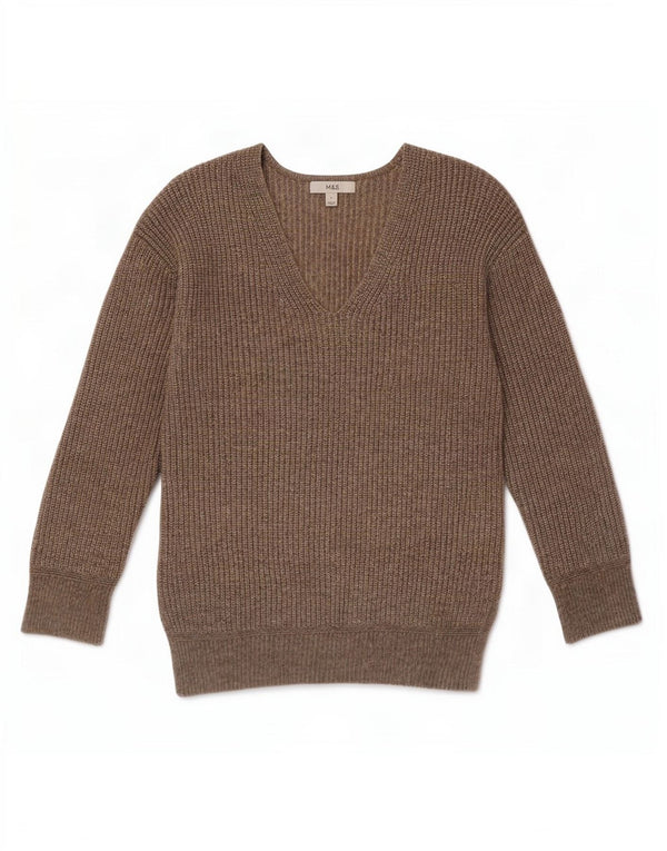 Marks & Spencer Womens V-Neck Jumper Sweater UK 10 Small Brown Polyester