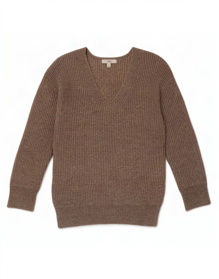 Marks & Spencer Pull col en V pour femme UK 10 Petit Marron Polyester