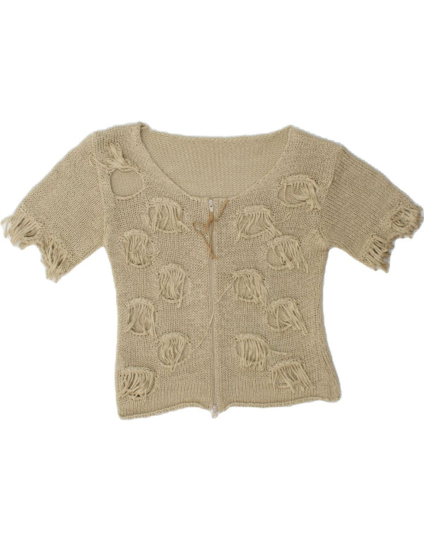 VINTAGE Womens Short Sleeve Cardigan Sweater UK 10 Small Beige Cotton