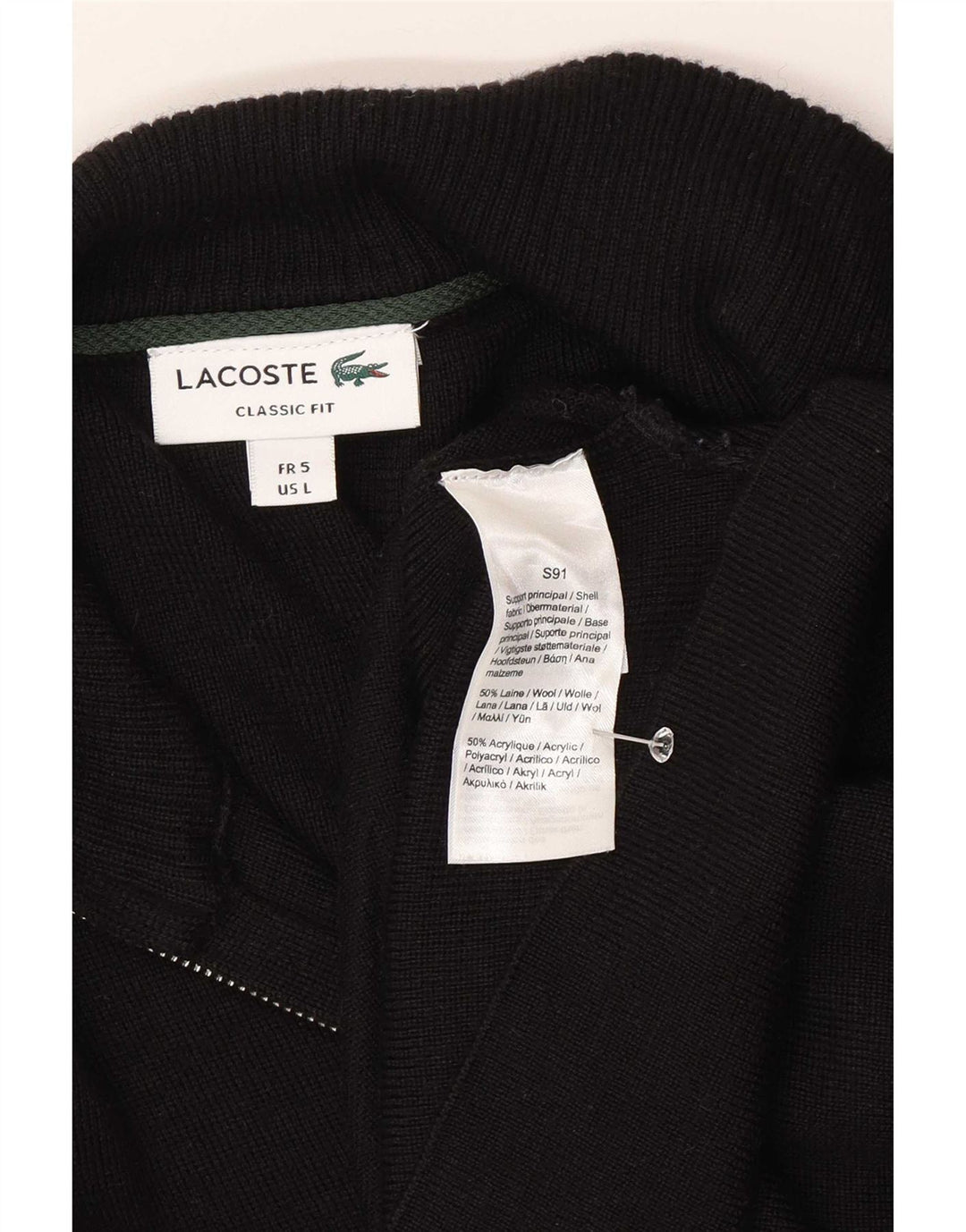 Lacoste Mens Classic Fit Cardigan Sweater Size 5 Large Black Wool