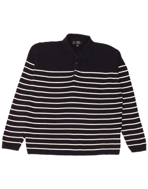 Vintage muški pulover s polo izrezom XL, tamnoplavi pamuk na pruge