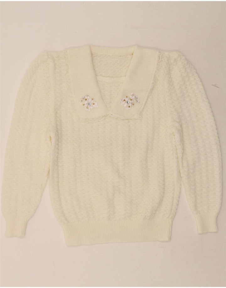 VINTAGE Womens Polo Neck Jumper Sweater UK 14 Medium White Vintage Vintage and Second-Hand Vintage from Messina Hembry 