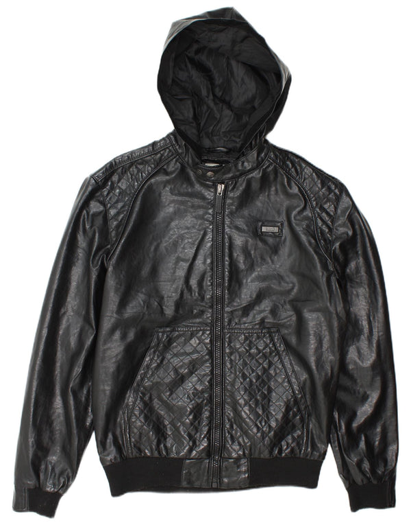 Ecko Unltd Mens Hooded Faux Leather Bomber Jacket UK 38 Medium Black
