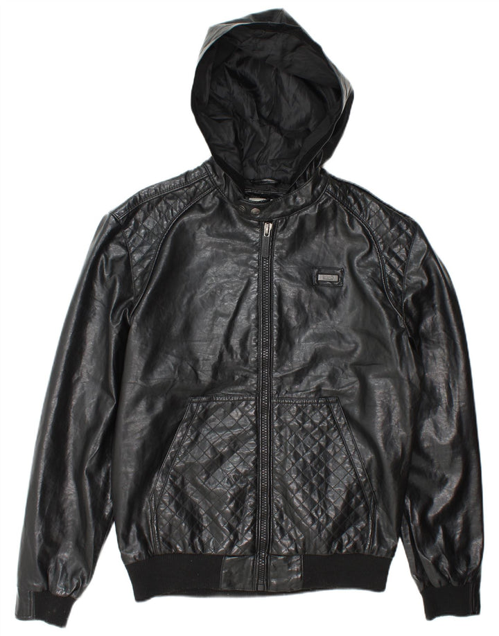 Ecko Unltd Herre Hooded Faux Leather Bomber Jacket UK 38 Medium Black