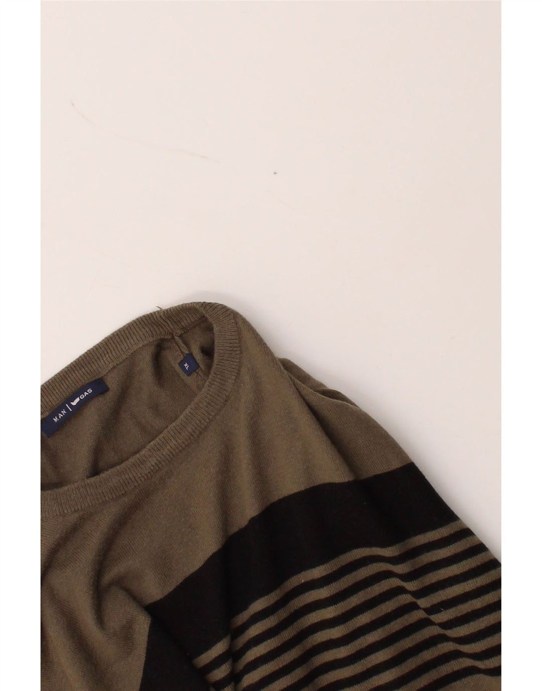GAS Mens Crew Neck Jumper Sweater XL Grey Striped Cotton Vintage Gas and Second-Hand Gas from Messina Hembry 