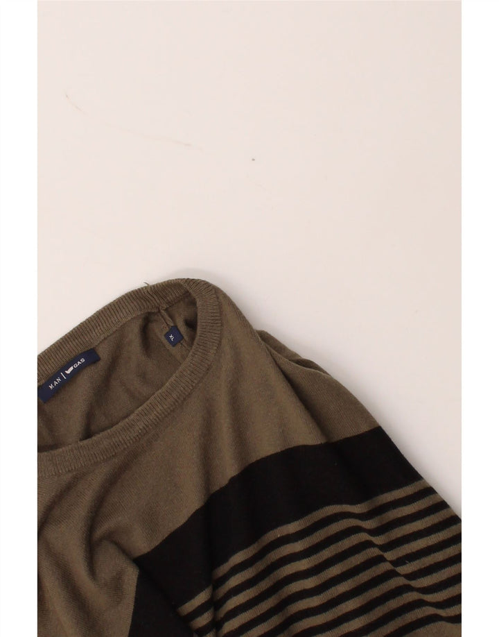 GAS Mens Crew Neck Jumper Sweater XL Grey Striped Cotton Vintage Gas and Second-Hand Gas from Messina Hembry 