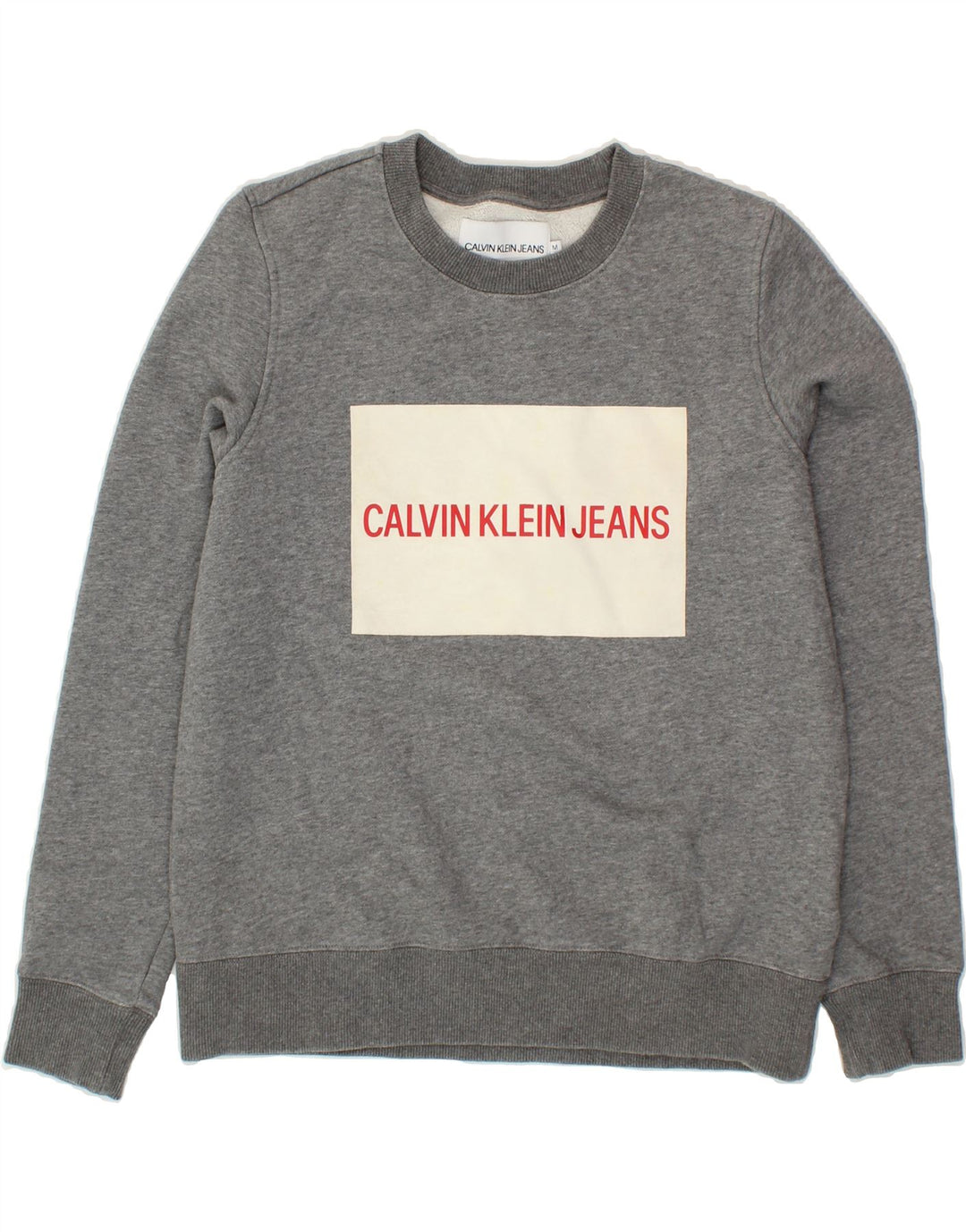 CALVIN KLEIN JEANS Womens Graphic Sweatshirt Jumper UK 14 Medium Grey Vintage Calvin Klein Jeans and Second-Hand Calvin Klein Jeans from Messina Hembry 