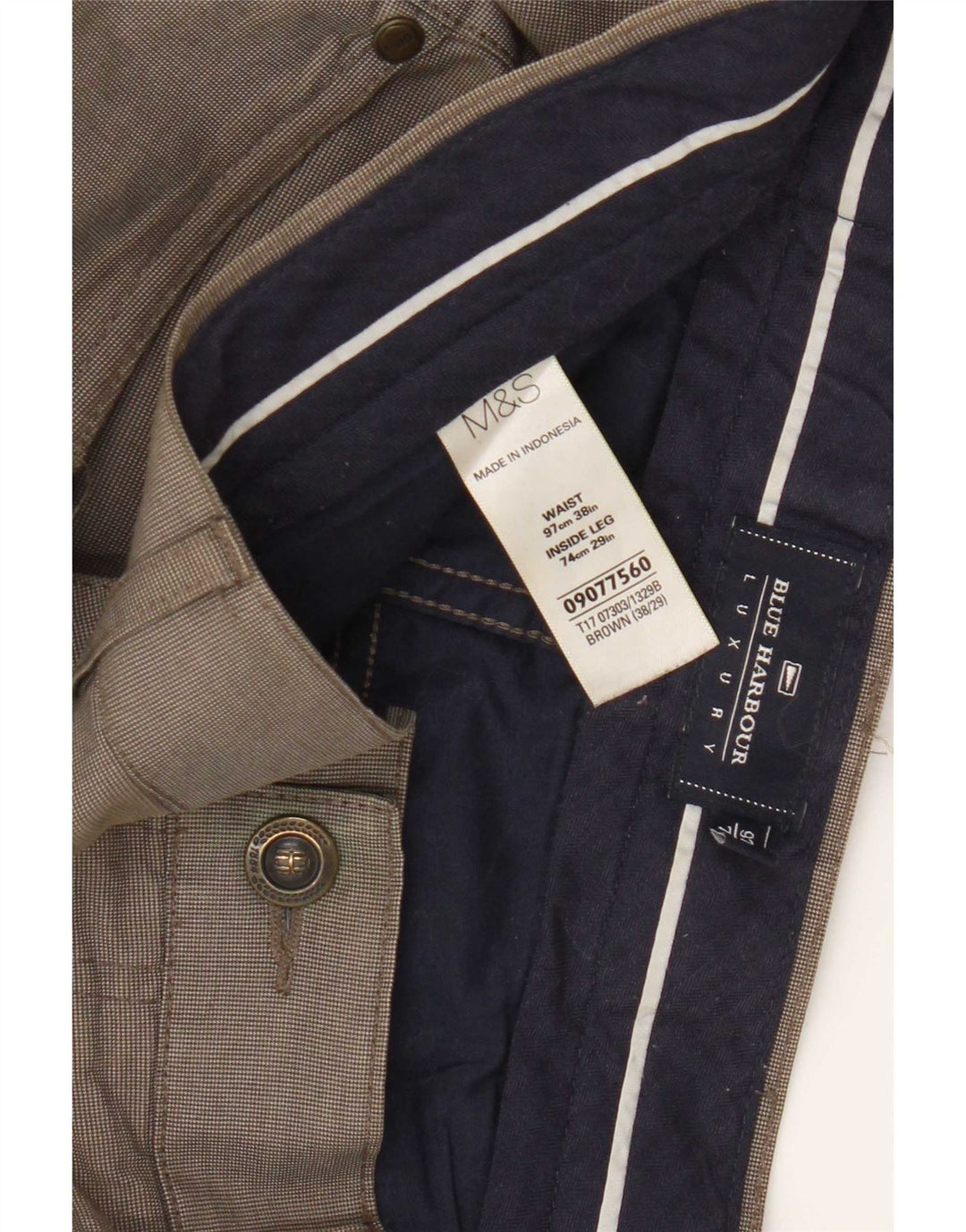 Marks & Spencer Mens Blue Harbour Chino Trousers W38 L29 Brown Check