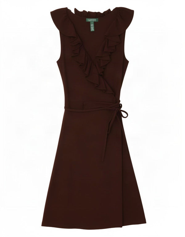 Ralph Lauren Robe basique sans manches à volants sur le devant pour femme UK 12 Marron moyen