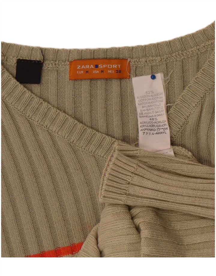 Zara Mens V-Neck Jumper Sweater Medium Beige Colourblock Cotton