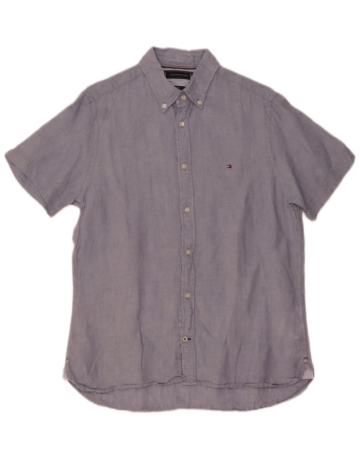 TOMMY HILFIGER Mens Short Sleeve Regular Fit Shirt Medium Blue Linen