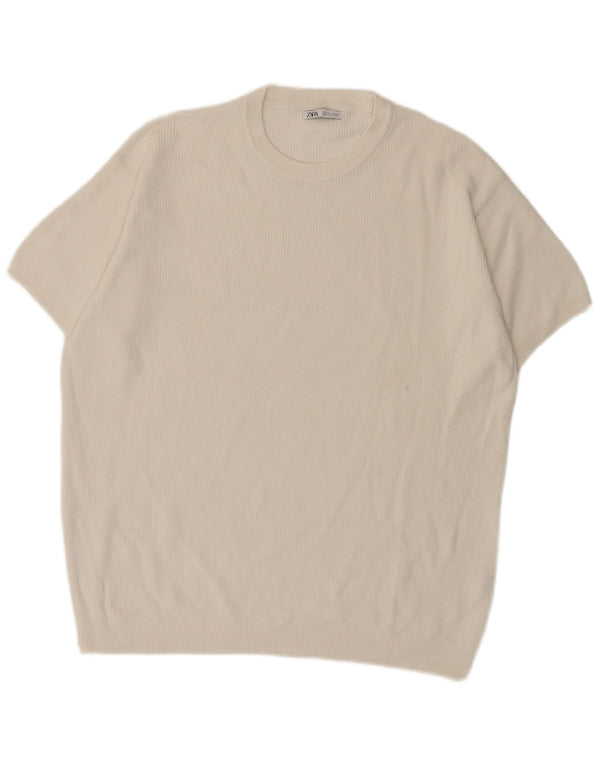 Zara Mens Short Sleeve Crew Neck Jumper Sweater Large Off White Cotton