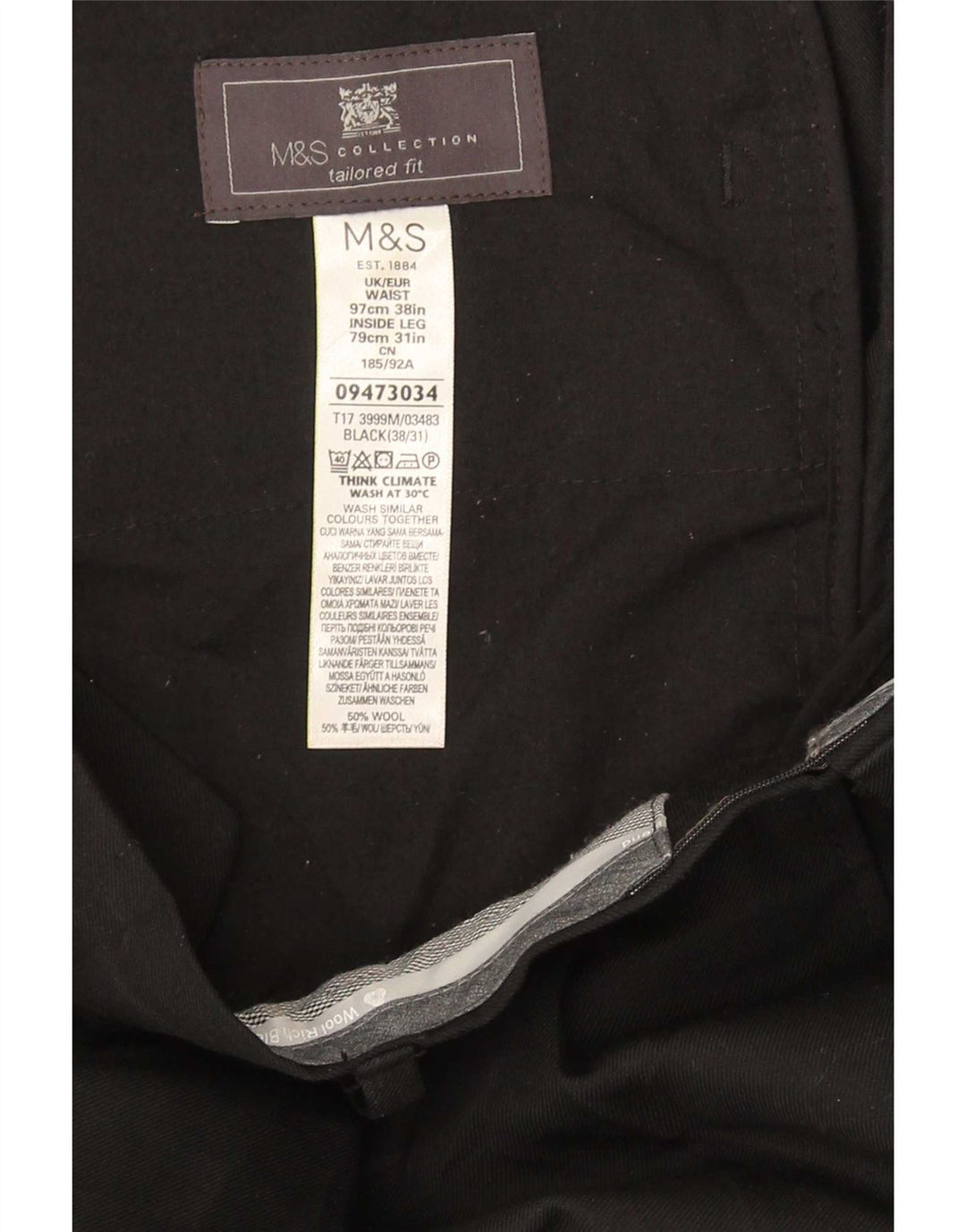 Marks & Spencer Mens Tailored Fit Pegged Suit Trousers W38 L31 Black Wool