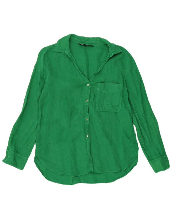 Camisa Zara Mujer UK 40 Lino Verde Medio