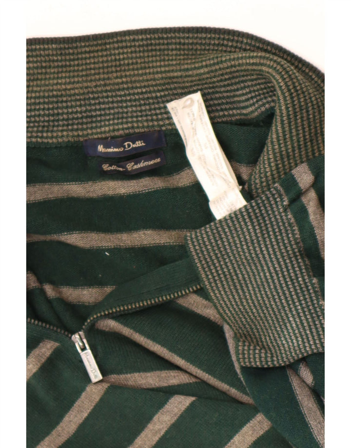Massimo Dutti Mens Zip Neck Jumper Sweater Large Green Striped Cotton