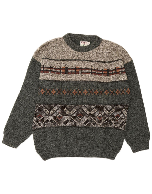 Vintage Herre Crew Neck Jumper Sweater IT 50 Medium Grå Geometrisk