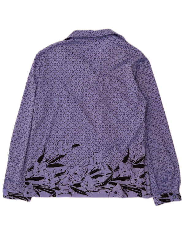 Blusa feminina estampada vintage Reino Unido 14 grande poliéster floral roxo