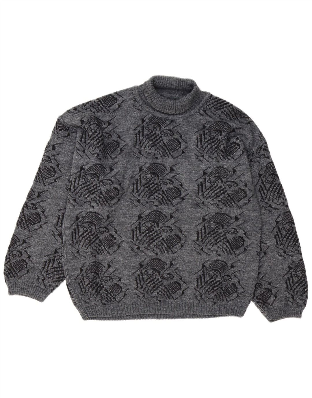 Vintage męski sweter z wywijanym dekoltem w abstrakcyjny wzór, duży szary
