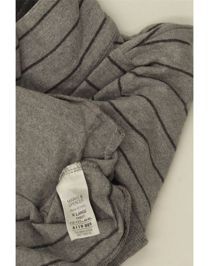 Marks & Spencer Mens Button Neck Jumper Sweater XL Grey Striped Cotton