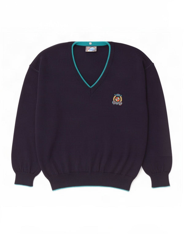 Maglione vintage da uomo con scollo a V IT 50 lana blu navy media