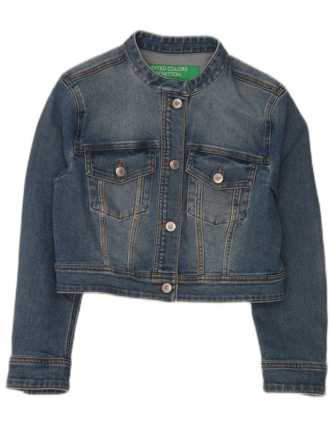 BENETTON Womens Crop Denim Jacket UK 10 Small Blue Cotton