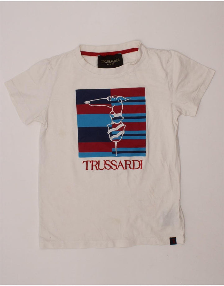 TRUSSARDI Boys Junior Graphic T-Shirt Top 7-8 Years White Cotton Vintage Trussardi and Second-Hand Trussardi from Messina Hembry 