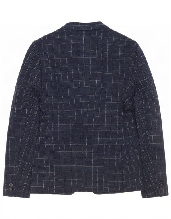 Zara Mens 2 Button Blazer Jacket EU 46 Small Navy Blue Check Polyester