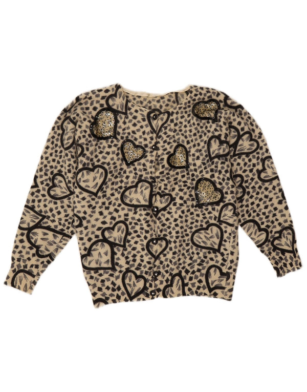 Maglione cardigan da donna vintage UK 10 Lana d'agnello con stampa animalier beige piccola