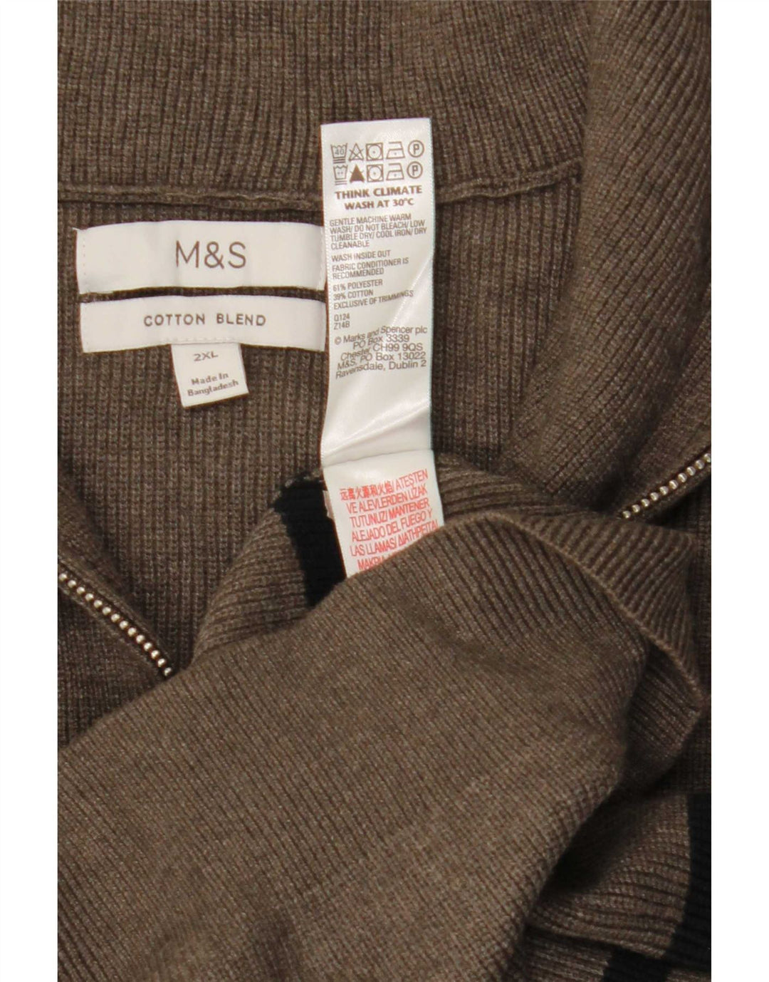 Suéter masculino Marks & Spencer com zíper e gola 2XL poliéster listrado cinza
