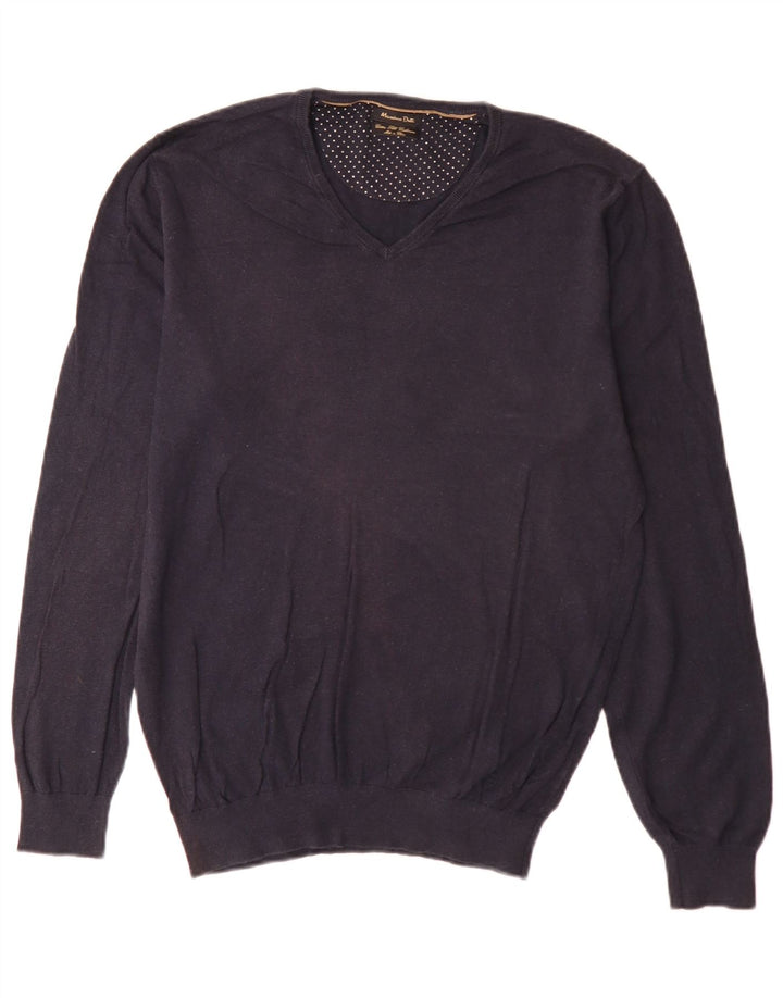 Massimo Dutti Maglione da uomo con scollo a V grande in cotone blu navy
