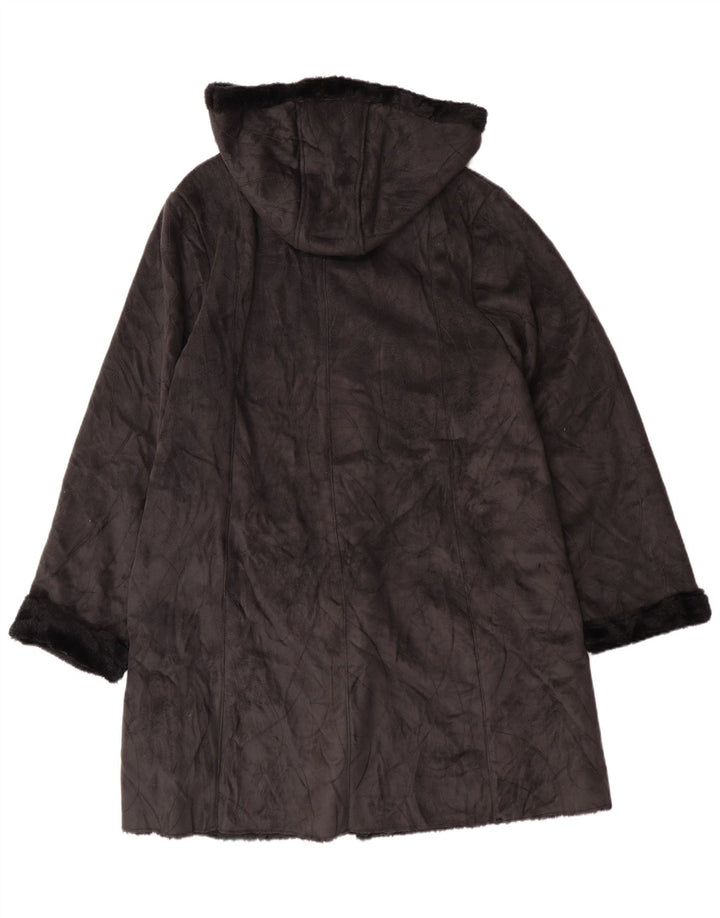 Vintage Sherpa-overfrakke med hætte til kvinder UK 16 Stor sort polyester