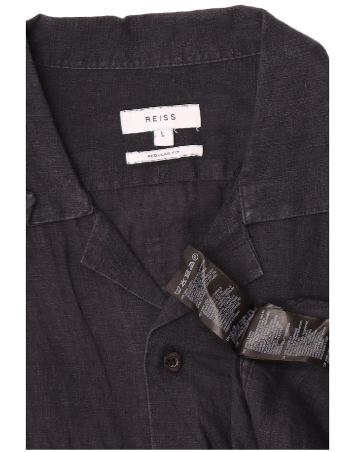 Reiss Mens Short Sleeve Regular Fit Shirt Large Navy Blue Linen