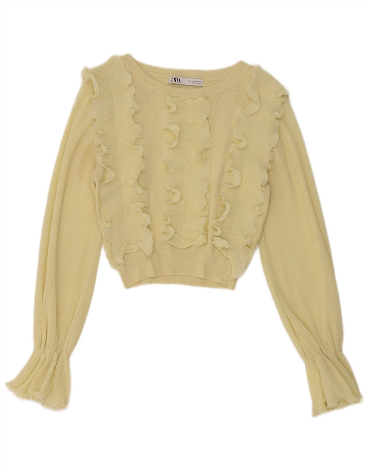 Zara Womens Crop Long Sleeve Ruffle Front Blouse Top UK 8 Small Yellow