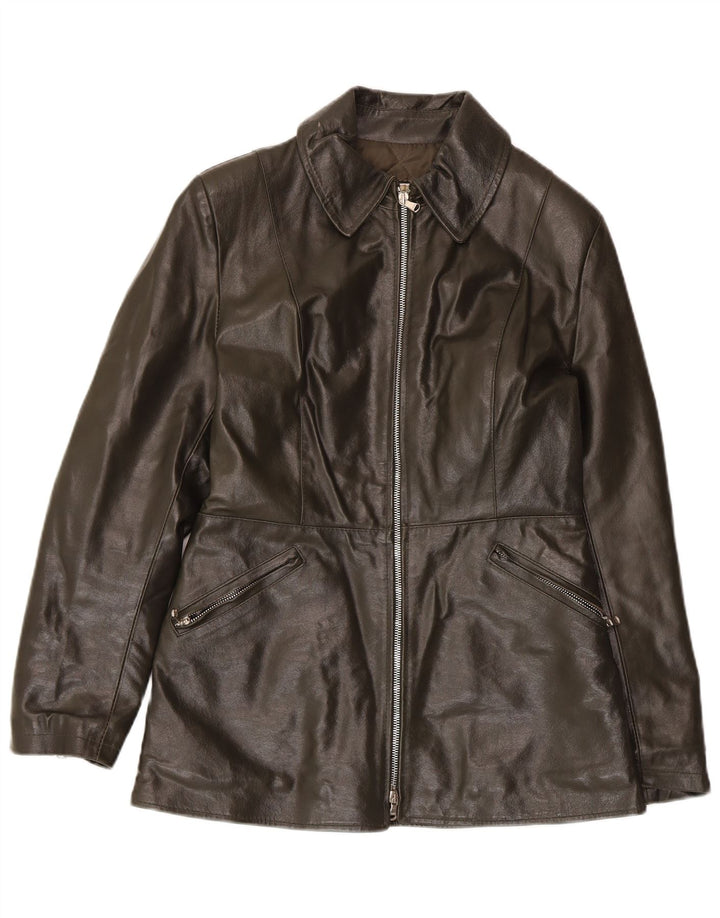 Jaqueta de couro feminina vintage UK 10 pequena cáqui